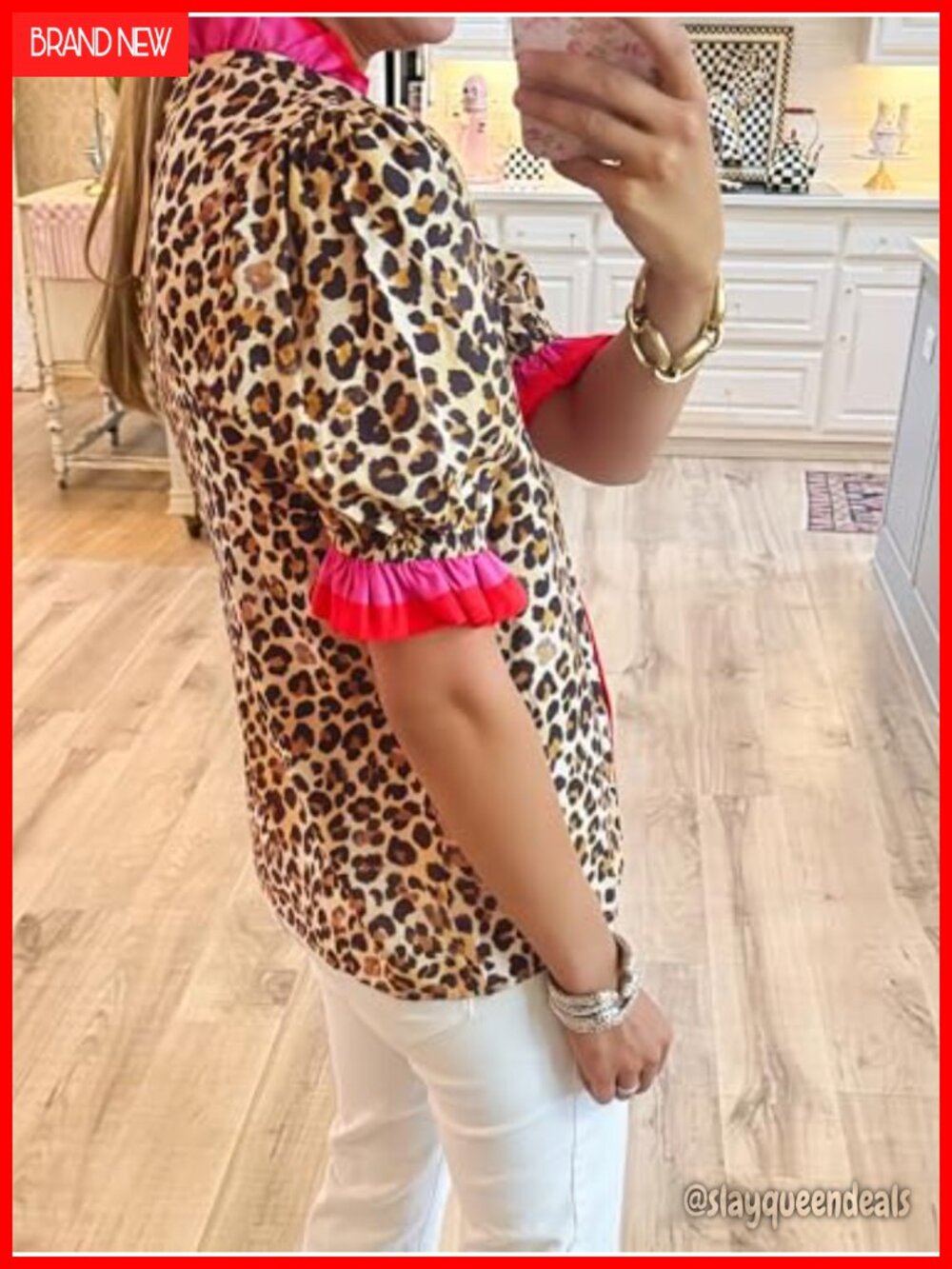 Ruffle Trim Floral Blouse with Short Puff Sleeves V-Neck Button Down Lightweight - Picture 3 of 6